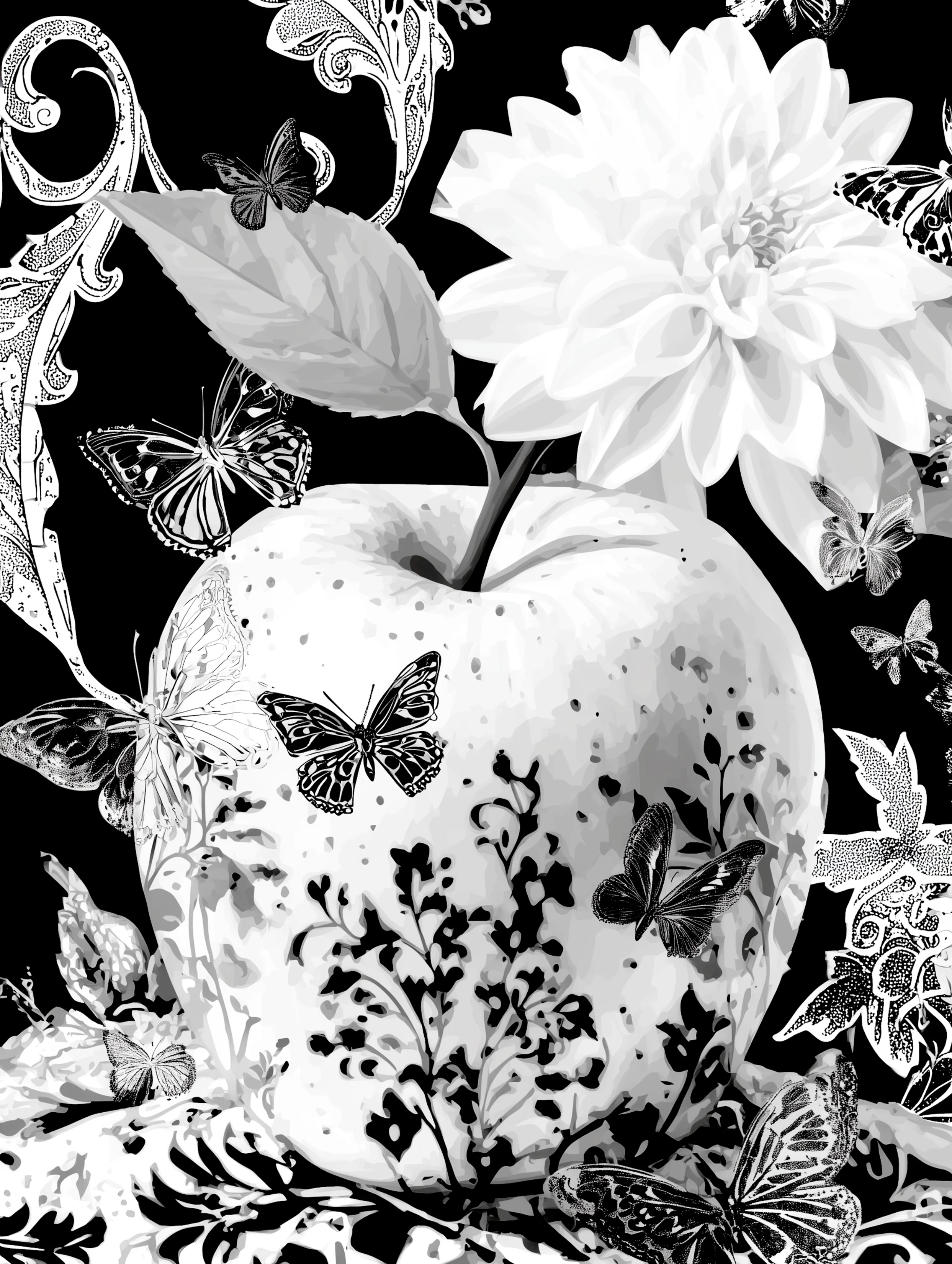 Free printable apple coloring page for adults featuring butterflies and an apple